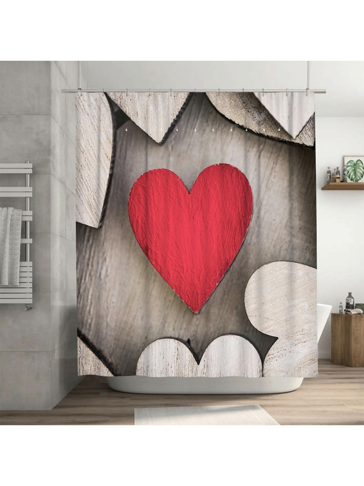 3D Red Heart on Wood Shower Curtain | Rustic and Romantic Bathroom Decor 90X180cm