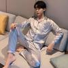 GMXIA Pigiama da Uomo Primavera e Autunno, Maniche Lunghe e Pantaloni Lunghi, Seta Ghiacciata Sottile, Abbigliamento da Casa per Adolescenti, Set di Seta, Taglie Forti
