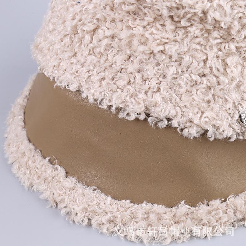 Lamb wool bucket hat women's autumn and winter warm and cold-proof plush basin hat showing small face splicing pu leather bucket hat
