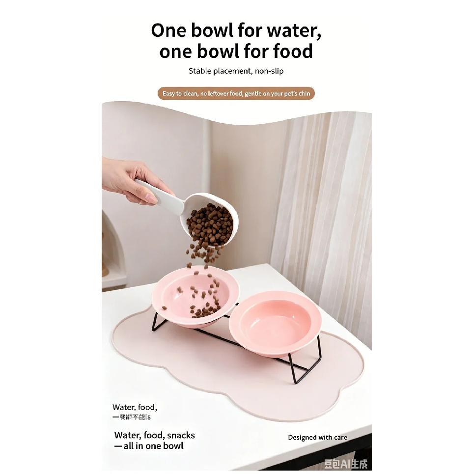 Cute 15° Tilted Ceramic Cat Bowl Double Pet Feeder Bowl with Iron Stand Anti-slip Elevated Food Water Bowl for Small Dogs Cats