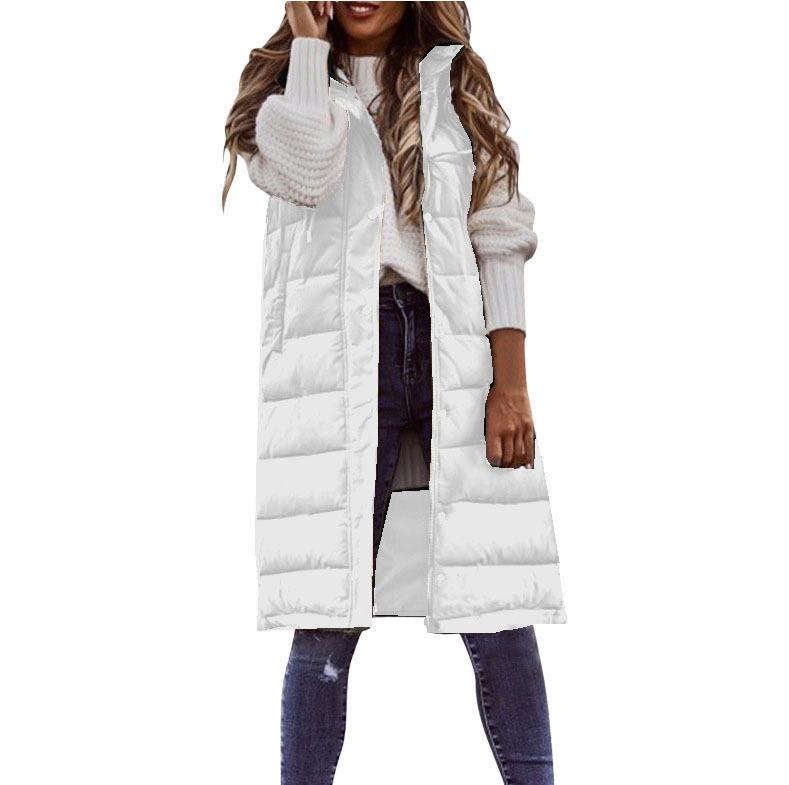 New European & American Fashion: Women's Solid Color Hooded Slim-Fit Sleeveless Mid-Length Cotton Vest