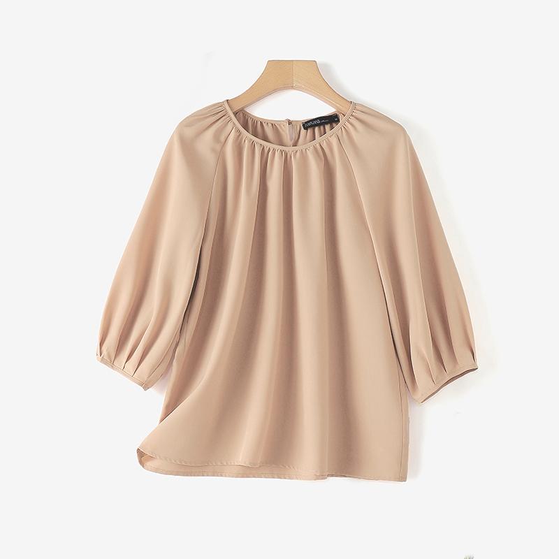 

ZANZEA Женская повседневная однотонная блузка с круглым вырезом и длинными рукавами XL бежевый