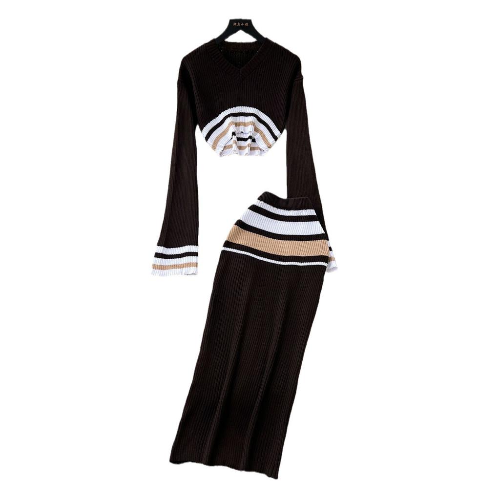 Colorblocking Short V-neck Knit Top Women's High Waist Tight Hip Half Skirt Sweater Suit