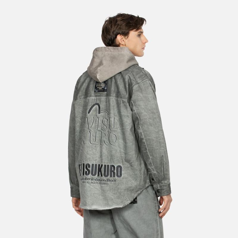 Evisu FW23 Vollkartenmuster Gesticktes Logo Eng anliegende Jeansjacke Herrenjacken Grau 2EAGNM3SJ5118RXCT