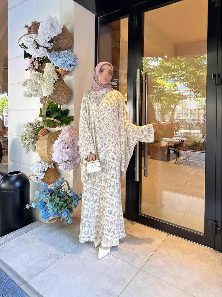 Cross-Border Muslim Women's Batwing Sleeve Top & Sweet Print Skirt Two-Piece Set