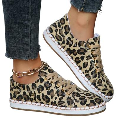 Chaussures plates en toile tendance avec maille respirante et confortable, tige polyvalente à imprimé léopard, chaussures de planche décontractées à la mode et tendance
