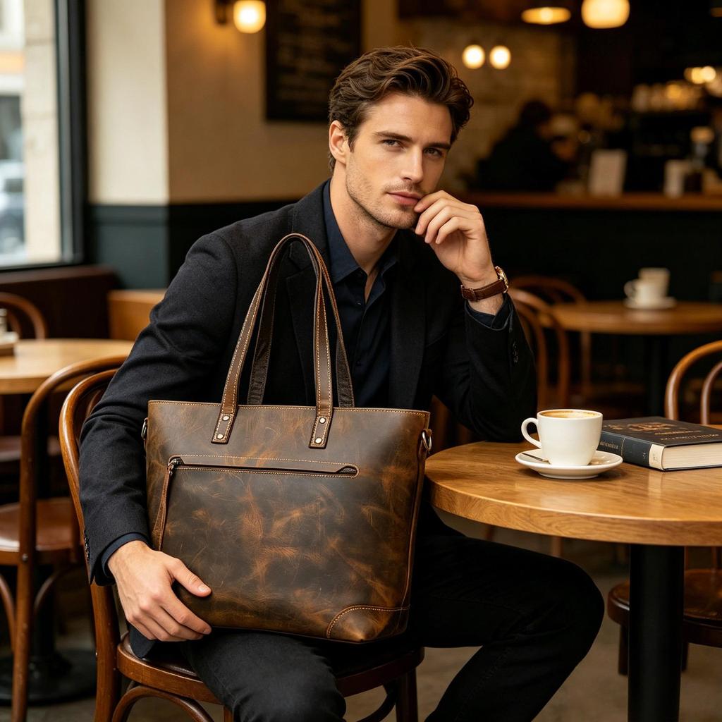 Vintage Unisex Crazy Horse Leather Tote Bag: Large Capacity, Fashionable Single Shoulder Cowhide Handbag