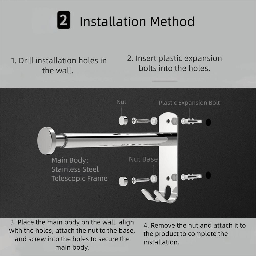 2Pcs Stainless Steel Clothes Drying Hanger Wall-mounted Scalable Storage Racks Bathroom