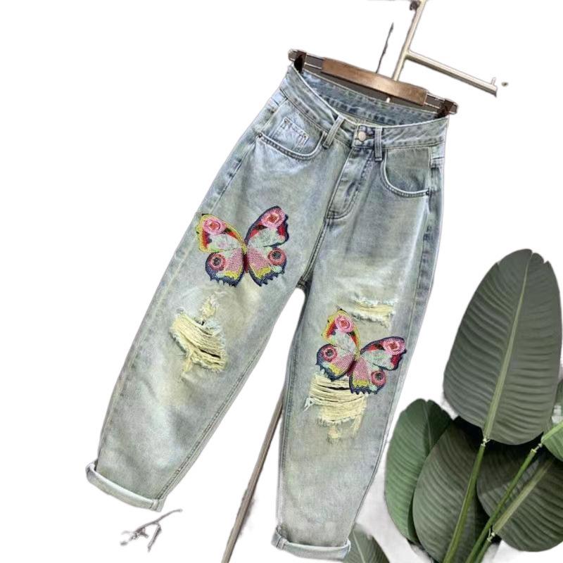 Women's Trendy 2025 Embroidered Ripped Harem Jeans - High Waist, Slimming, Loose Fit, Cropped Summer Pants