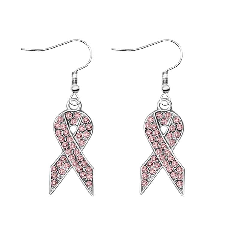 Breast Cancer Awareness Earrings Jewelry Rhinestone Crystal Pink Ribbon Dangle Earrings For Women серебряный