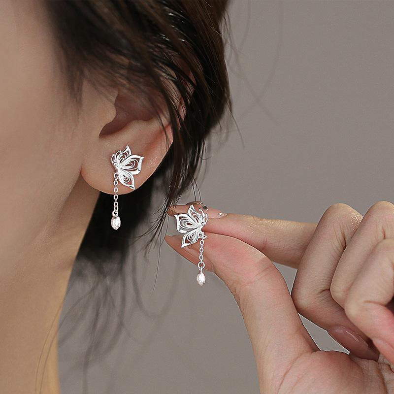 925 Silver Hollow Butterfly Stud Earrings For Women Luxury Designer Jewelry Accessories Prevent Allergies