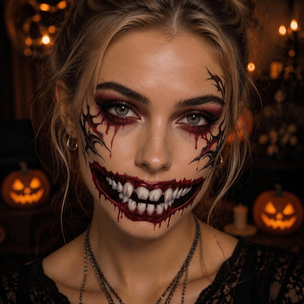 Scary Bloodiness Big Mouth Tattoo Sticker Fake Face Decorations Sticker Women Men
