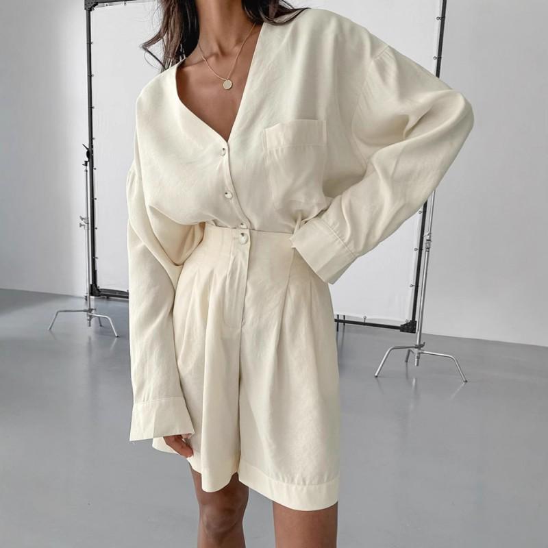 Womens 2025 Fall Solid Color V-Neck Shirt Shorts 2-Piece Set Casual Office Workwear