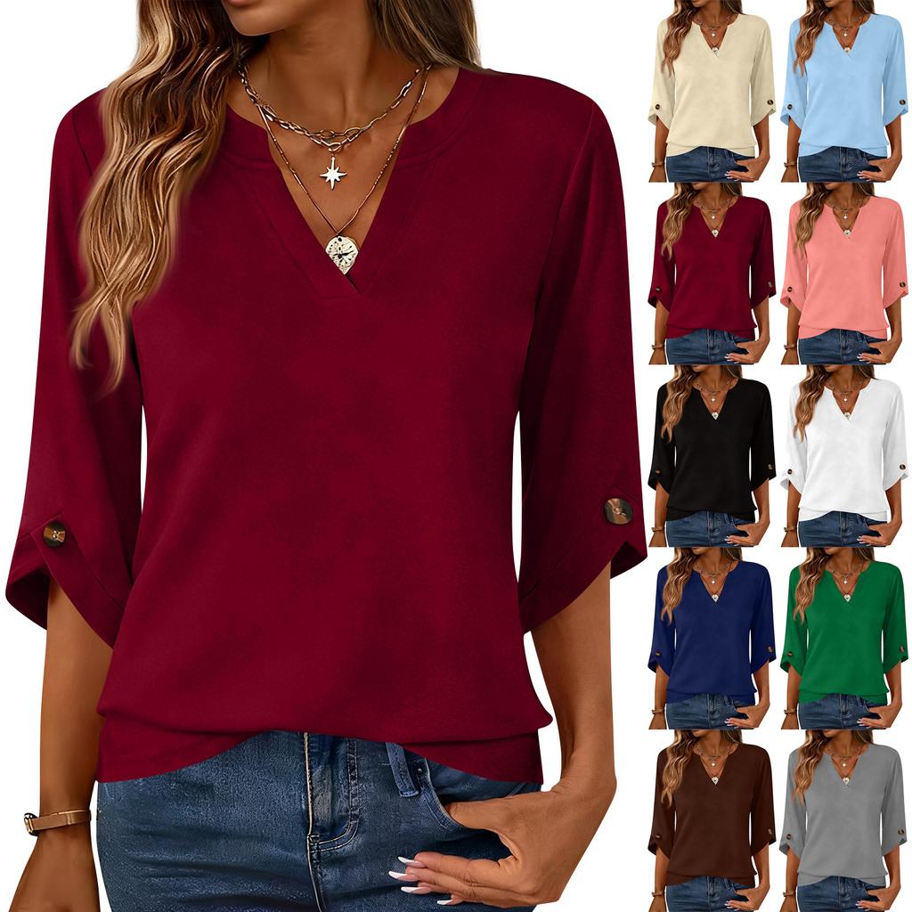 Womens 3/4 Length Sleeve Tunic Tops Casual V Neck Shirts Business Work Blouses