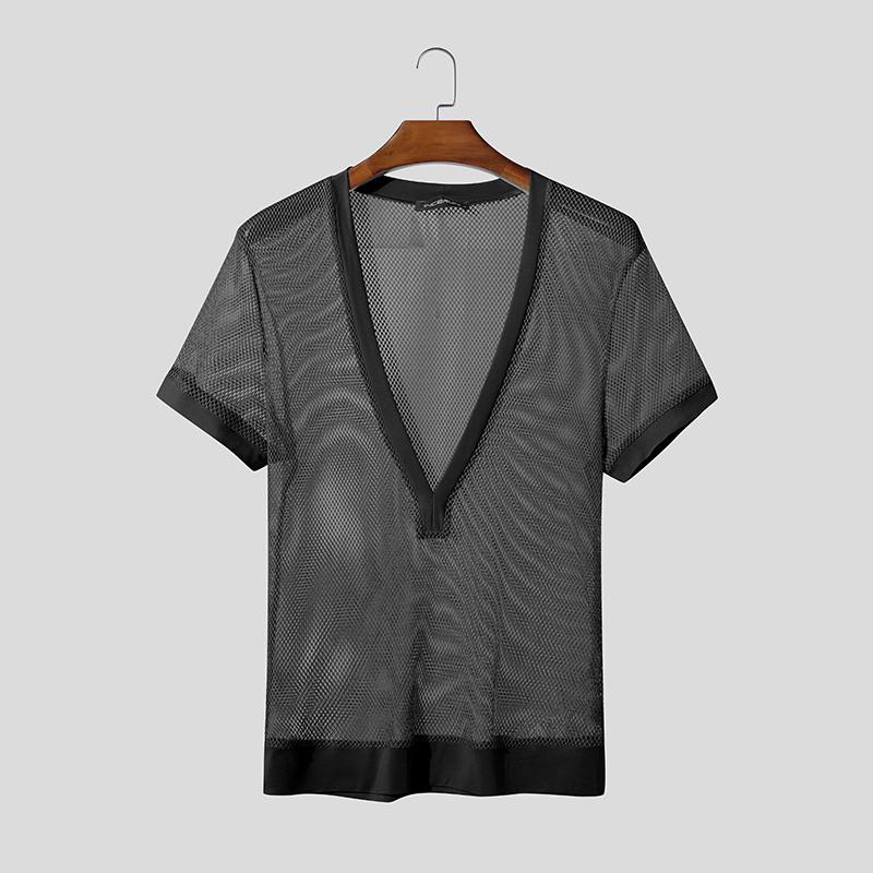 INCERUN Summer Men V Neck Short Sleeve Mesh See Through Hollow T-shirts Tops XL чёрный