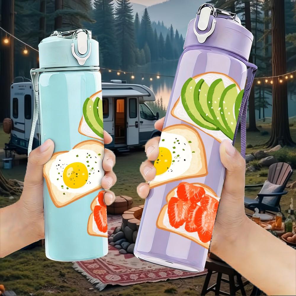 1PC Toast Egg Breakfast Print 750ml Color Plastic Sports Water Bottle Leakproof Flip Straw Lid Suitable for Sports Office Home Use
