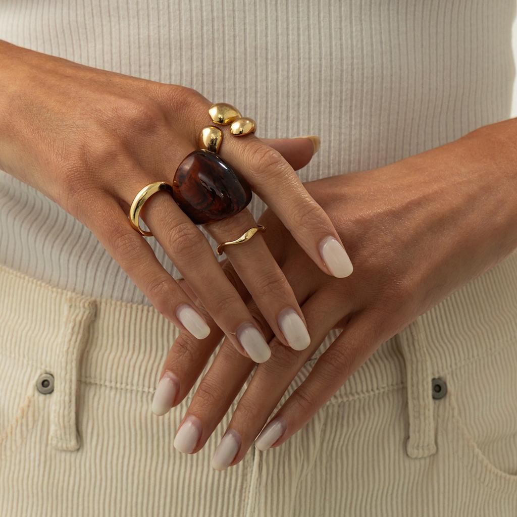 Mode Metall Glansig Enkel Ring Öppen Ring Set, Överdriven Smuts Harts Bred Ring