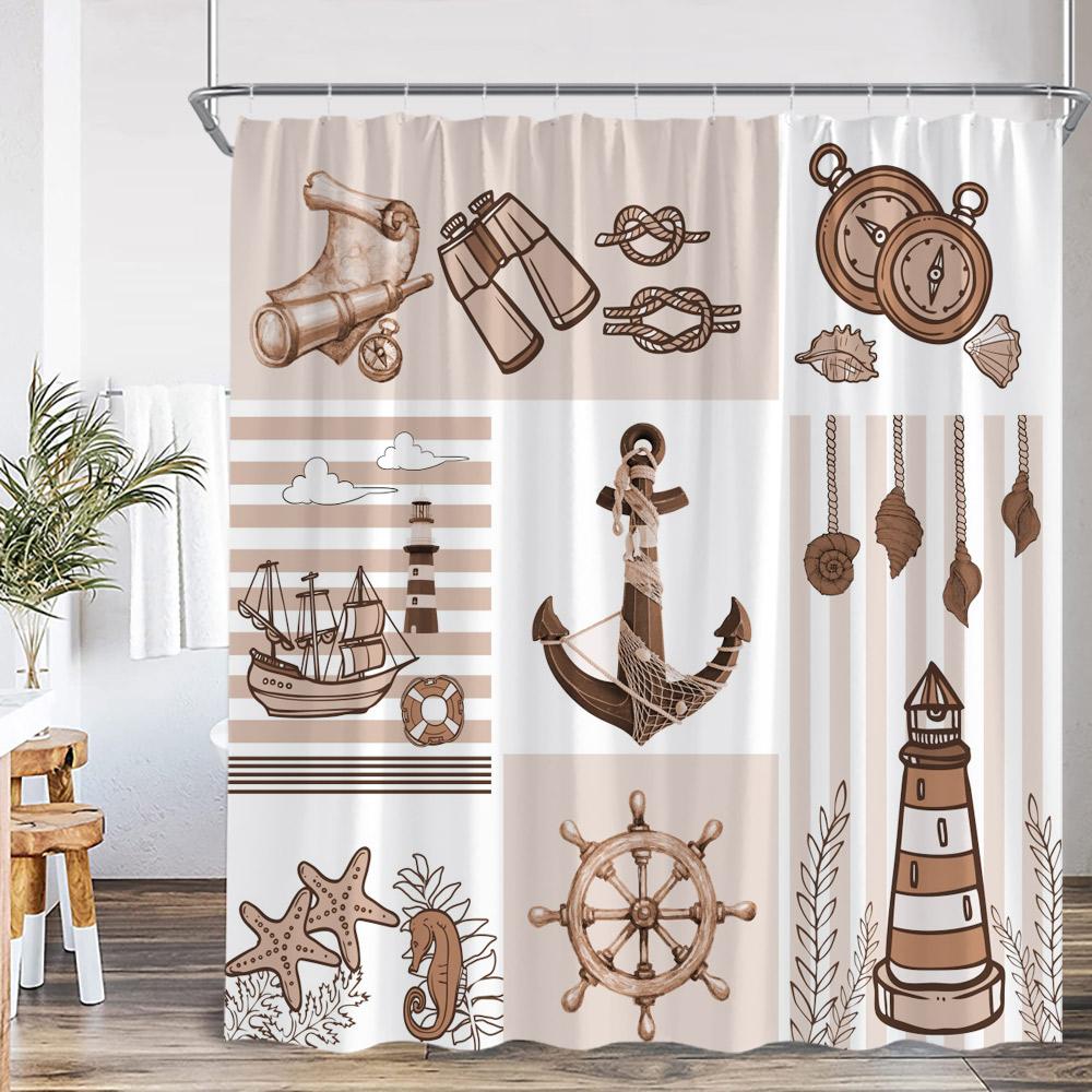 Nautical Marine Life Shower Curtain Anchor Sea Turtle Seastar Octopus Seashell Coral Ocean Summer Bathroom Curtain Decoration