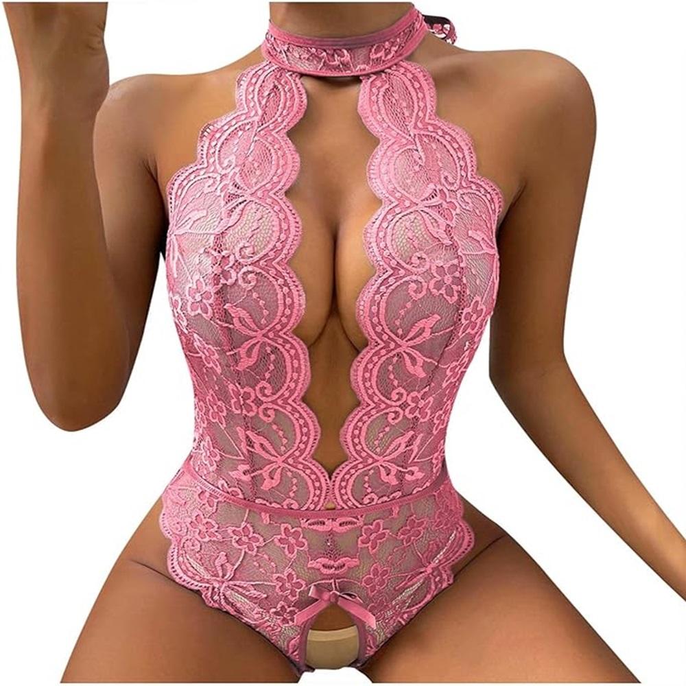One Piece Womens Lingerie Halterneck Crotchless High Cut Bodysuit Plus Size Lace Teddy Lingerie for Women Sex Play