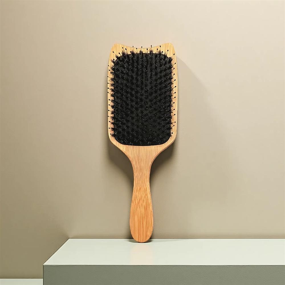 Private Label Custom Natural Bamboo Handle Square Scalp Massage Paddle Brush Boar Bristle for Dry and for Hair
