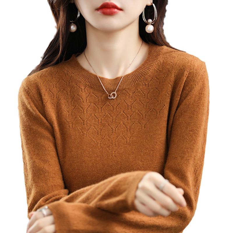 Women's Pure Wool Hollow Knit Round Neck Sweater - Stylish Autumn & Winter Pullover