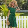 Summer Retro Elegant Polka Dot Ruched Short Sleeve Dress for Women, European American Style, Hot Selling Casual Dress