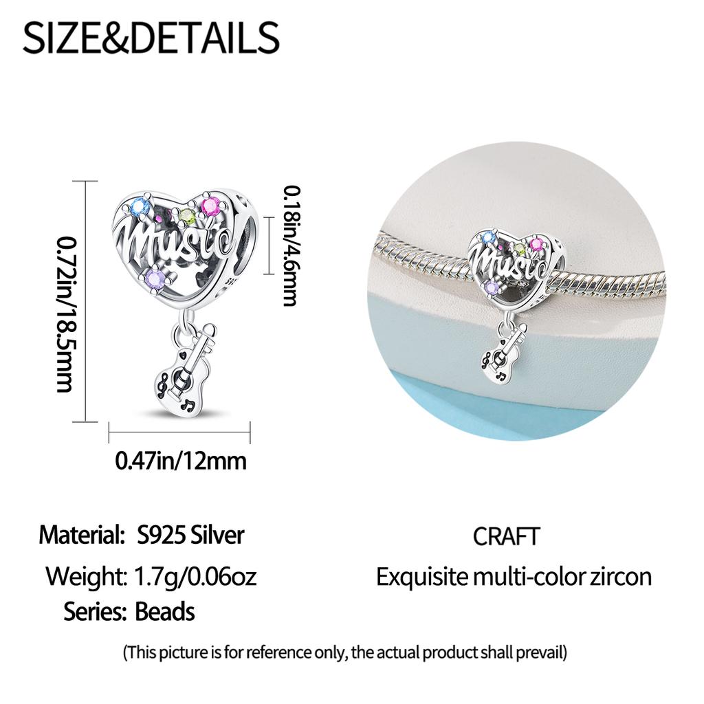 Original Copper Charms Luxury Love Heart Guitar Music Beads Beads Fit Bracelet Diy Women Making Delicate Gift