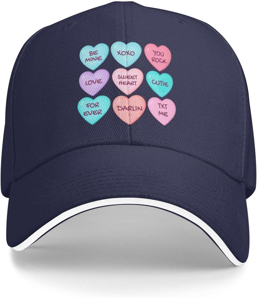 Candy Hearts Themed Baseball Cap Polyester Casual Sun Protection Adjustable Hat for Unisex
