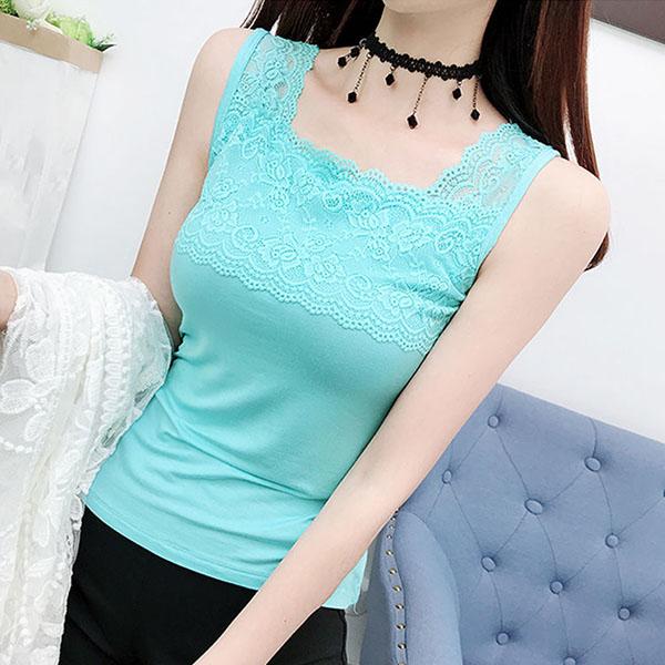 Camisole en coton modal grande taille pour femme, chemises d'été à manches courtes, couleur unie, slim, en dentelle, hauts