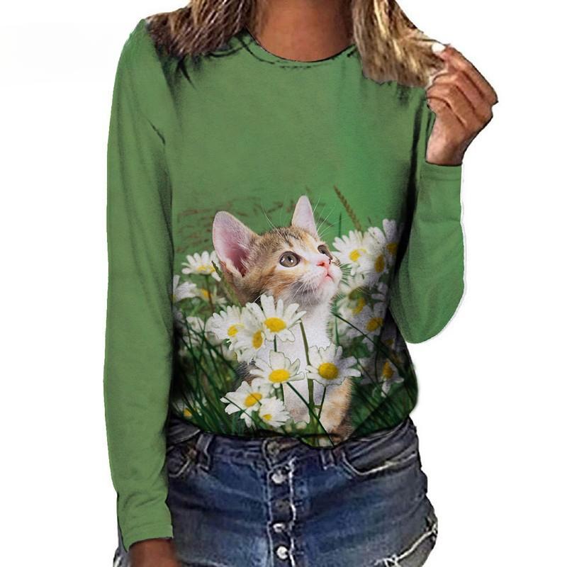 Women's Long Sleeved T-shirt Cat Case Digital 3D Printing Women's Street Sports T-shirt Top Cat T-Shirts