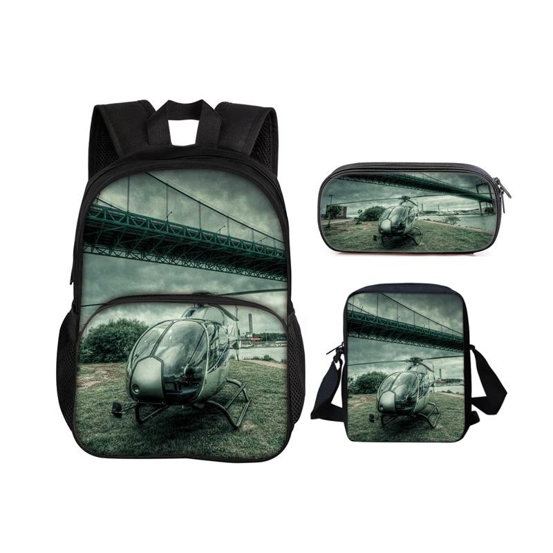 Helicopter Round Front Bag Backpack Pencil Case Shoulder Bag 3Pcs Set Mechanical Printing Best Gift for Boys and Girls In School