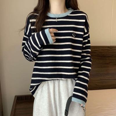 Striped Contrasting Knitted Sweater Women's Spring Loose Casual Embroidery Age-reducing Bottoming Shirt Long-sleeved Top