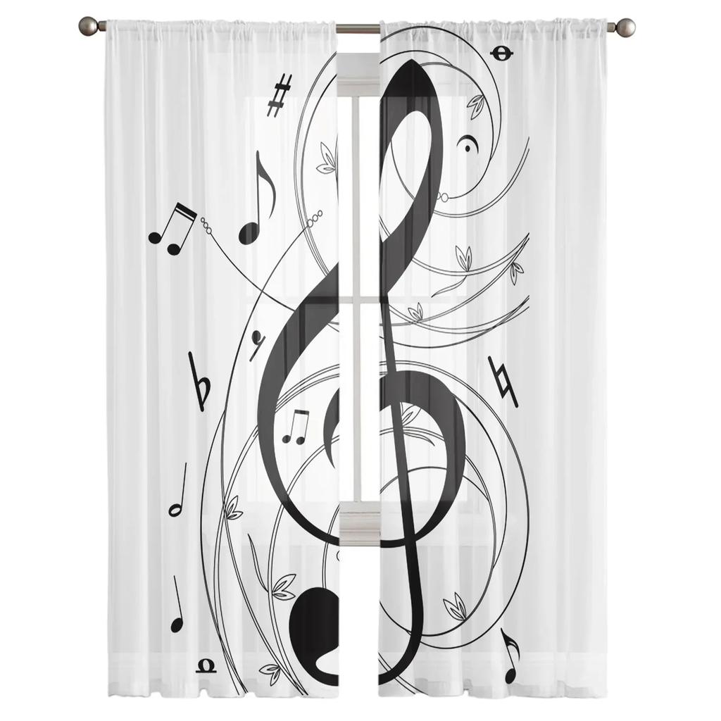 Music Symbol Black And White Art Chiffon Sheer Curtains for Living Room Bedroom Decoration Window Voiles Tulle Curtain Drapes