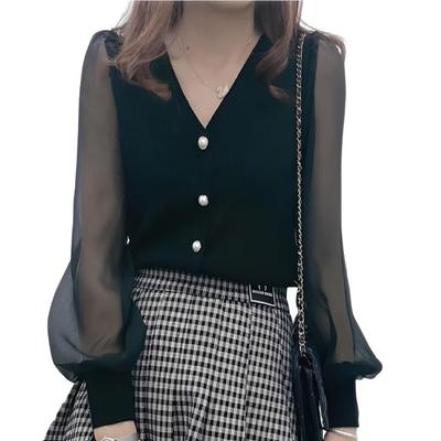 Langer Frühling Koreanisch Gemischt Retro Herbst [RREMN] Damen Durchsichtiges Oberteil/Bluse, Ärmel, Durchsichtig, Kleidung, Stil, Materialien, Stil, Frühling, Sommer, (Schwarz)