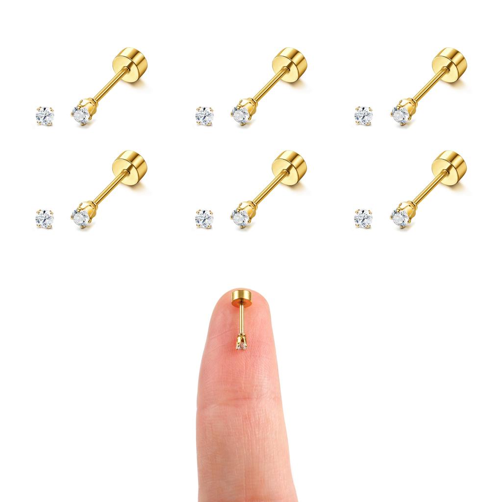 8 Pairs Flat Back Stud Earrings Sets for Multiple Piercing Small Silver Flat Back Surgical Steel Tiny Ball Pearl Cubic Zirconia