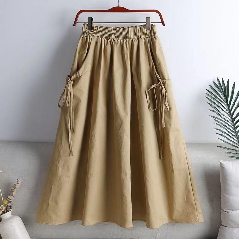 Drawstring midi skirt for women, 2026 summer new style, versatile solid color, drawstring pocket, elastic waist, mid-length workwear skirt
