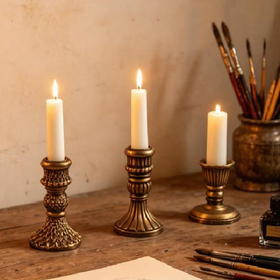 French Style Candle Holder Vintage Taper Holder, Nostalgic Resin Candlestick Decorative Soft Decoration Accessories Stand for Wedding Party