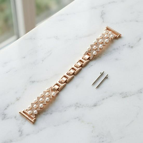 

Stylish Double Row Pearl Rhinestone Watch Strap for Apple Watch Series SE/11/10/9/8/7/6/5/3 38/40/41/42mm рожевий колір золота