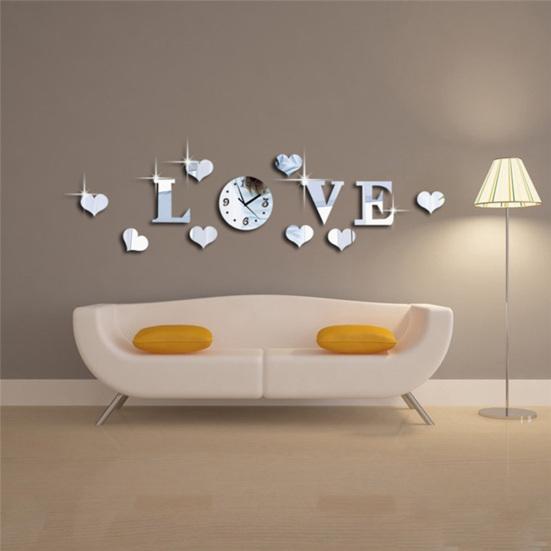 Mirror Effect 3D Clock Love Heart Wall Analog Sticker DIY Home
