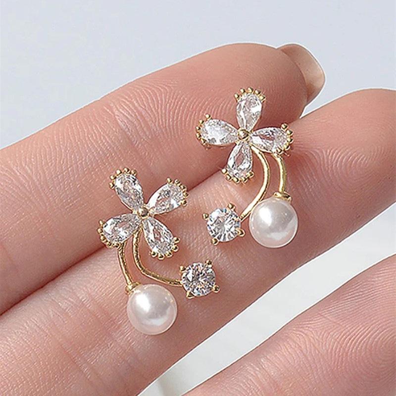 Four Petal Marquise Crystal Flower with Round Zircon & Imitation Pearl Curved Gold Stud Earrings Banquet Accessories