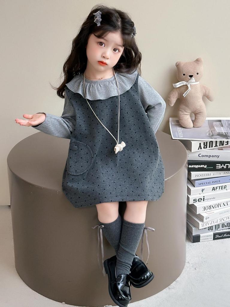 2025 Spring & Autumn Girls' Polka Dot Ruffle Princess Dress Set - Fashionable Two-Piece Outfit for Kids