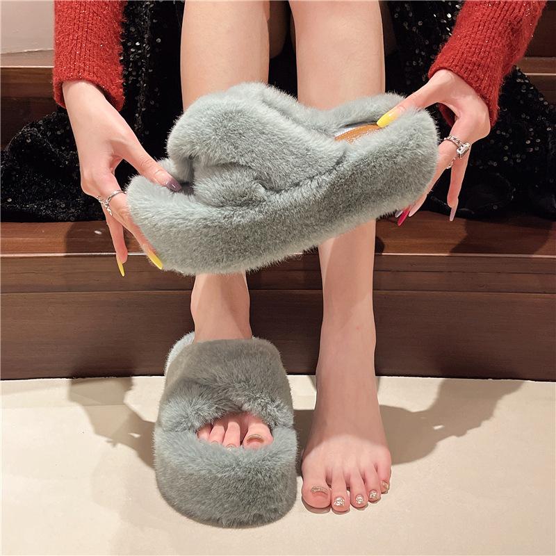 Large Size Thick Bottom Heightened One-word Fluffy Slippers for Women's Outer Wear Fleece Non-slip Versatile 2025 Spring and Autumn New Cotton Mop