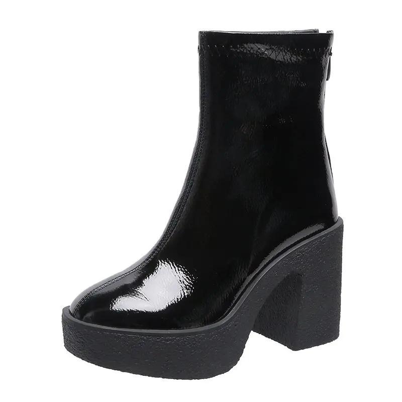Platform Women Ankle Boots Leather Fashion High Heels Shoes  Trend Designer Classic Chunky New Pumps Goth Winter Botas Mujer