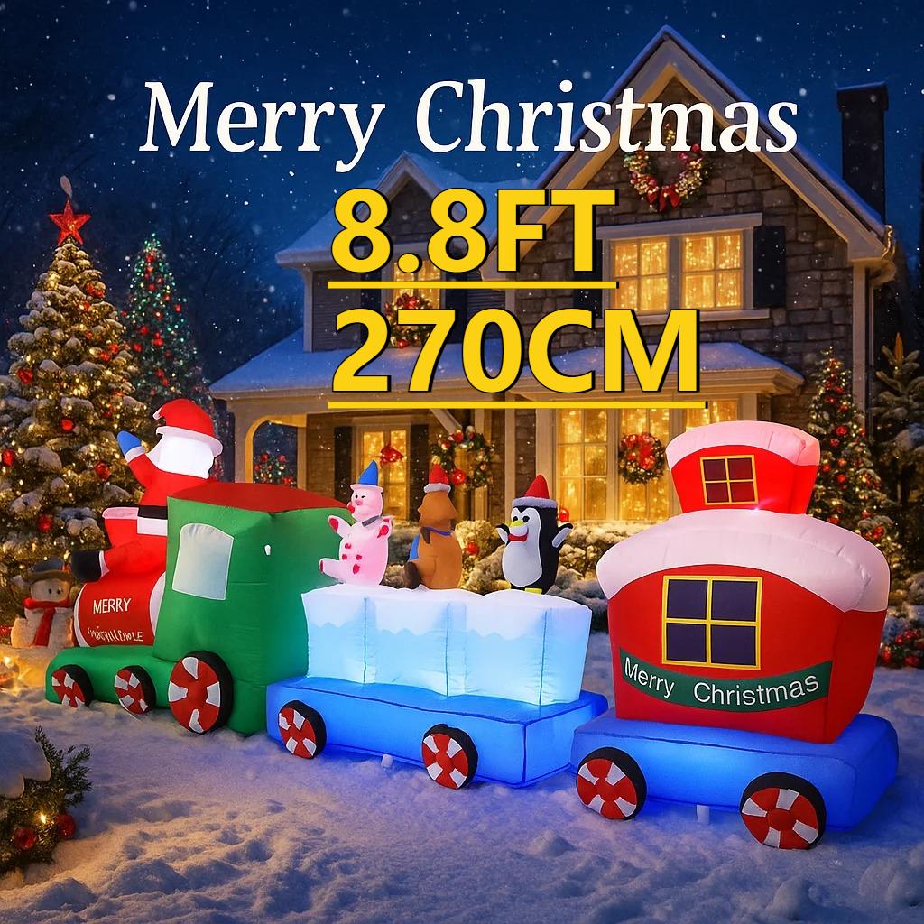 8.8FT LED Inflatable Christmas Yard DecorSanta Train with Friends Xmas Toy Home Decoration Supplies Ornament Gifts Holiday Decor