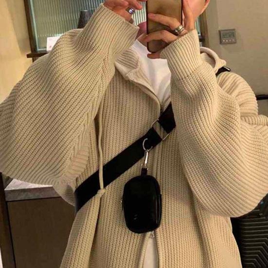 Men Fall Winter Sweater Coat Hooded Drawstring Loose Zipper Closure Long Sleeves Drawstring Mid Length Solid Color Retro Knitted Jacket