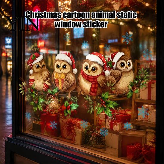 Window Glass Art 1/2 Sheets Christmas Cartoon Owl Cling, Standing on Branch Bird Theme Stickers Static Sticker, Removable Waterproof Decal,