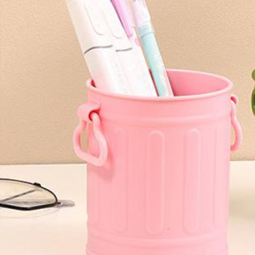 Pen Holder Pencil Bucket Plastic Makeup Brush Organizer Desktop Stationary Supplies Container with Handles for Office School Home Pink