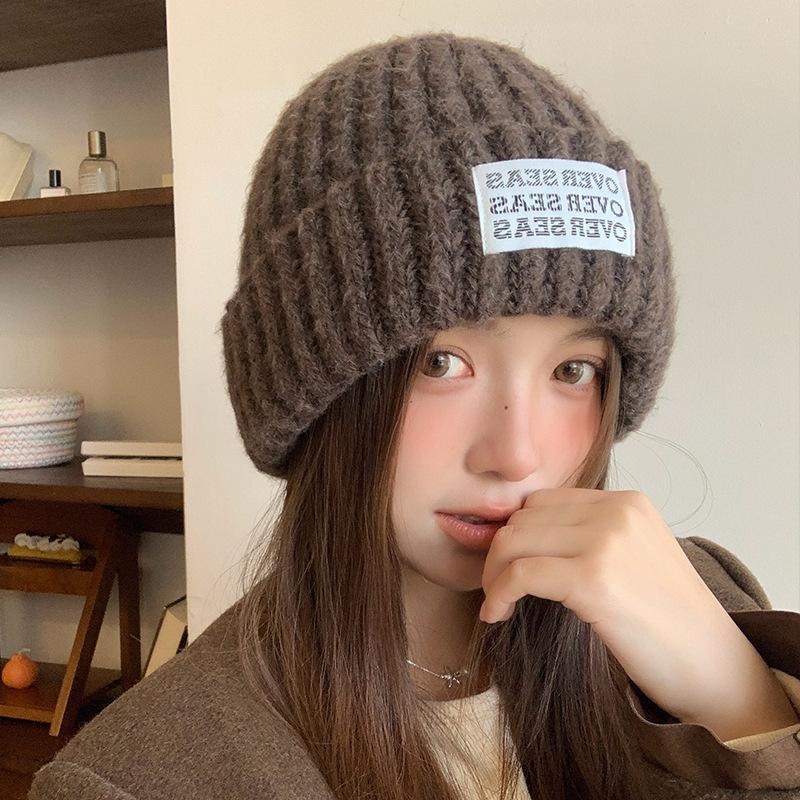 Simple Letter Patch Woolen Hat for Women in Autumn and Winter Thickened Warm Ear Protection Knitted Hat Large Head Circumference Pullover Cold Hat