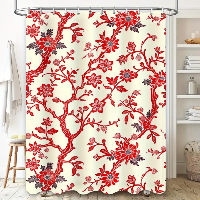 Red Floral Shower Curtain Red Flower Print Home Decor Bathroom Decoration Waterproof Shower Curtain 36x72in/90X183cm (White Back