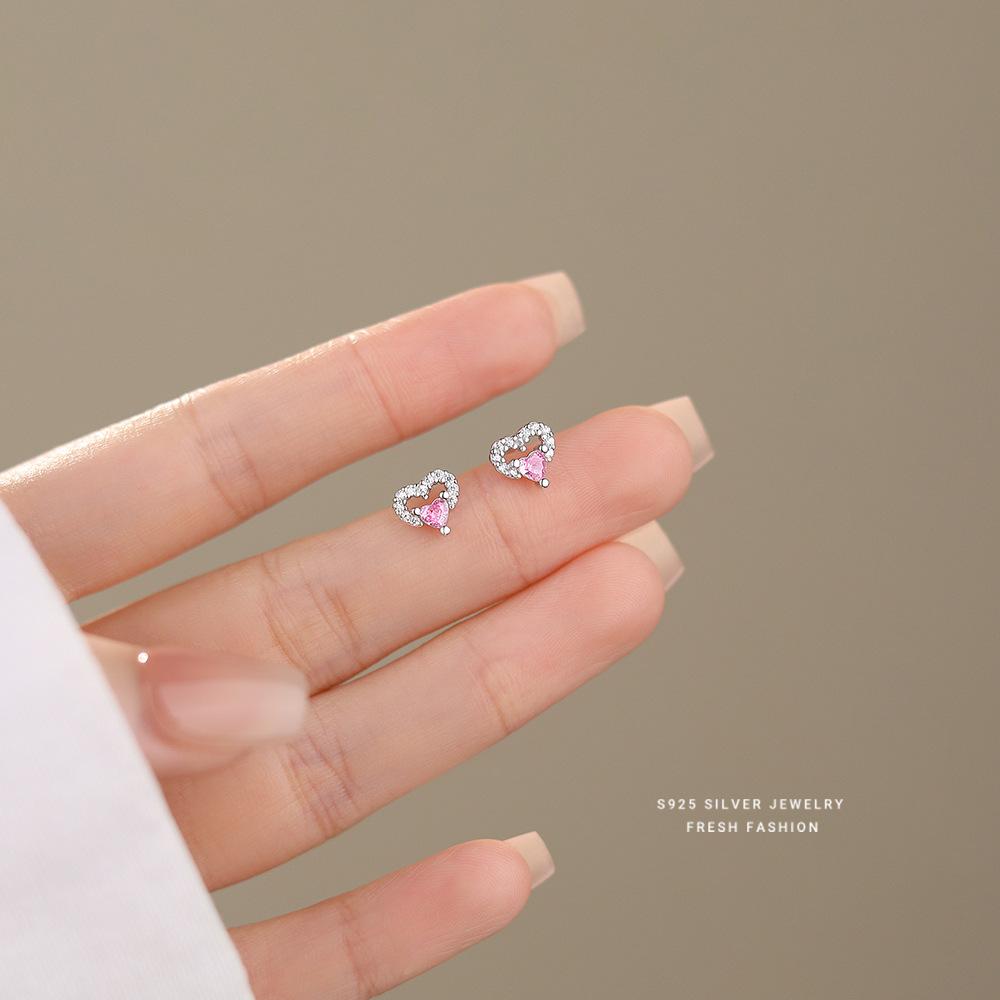 

Real 925 Sterling Silver Korea Sweet Pink Zircon Heart Stud Earring for Women Wedding Party Fine Jewelry Gift серебряный
